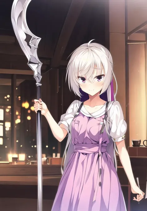 masterpiece, best quality, 1 girl,  <lora:akizukiKannaCafStellaToShinigamiNoChou_v1E6:0.7>, kanna, white hair, purple eyes, coffee shop, cowboy shot, holding scythe