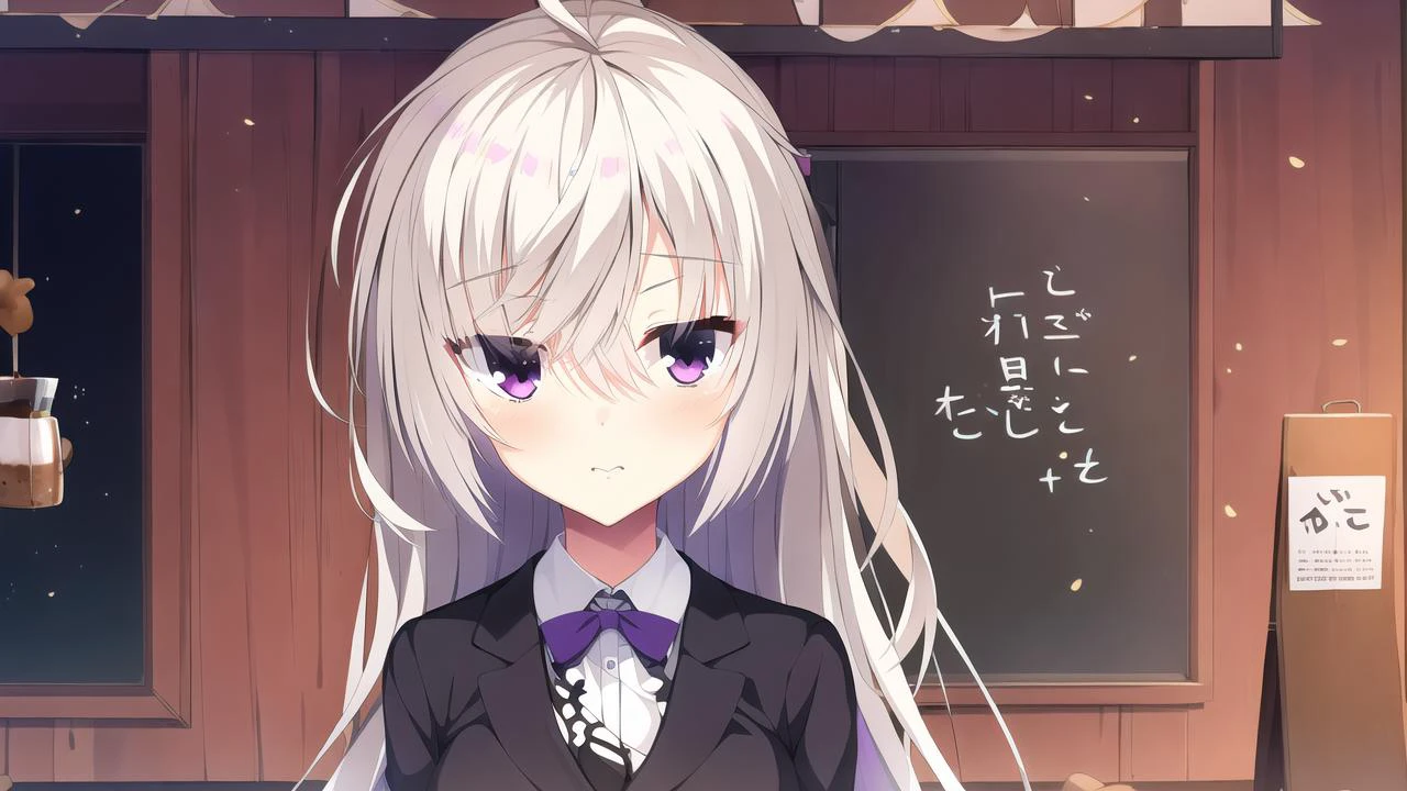 masterpiece, best quality, 1 girl, <lora:akizukiKannaCafStellaToShinigamiNoChou_v1E6:0.7>, kanna, white hair, purple eyes, coffee shop, cowboy shot