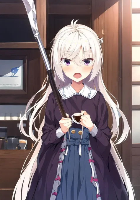 masterpiece, best quality, 1 girl, <lora:akizukiKannaCafStellaToShinigamiNoChou_v1E6:0.7>, kanna, white hair, purple eyes, coffee shop, cowboy shot, holding scythe