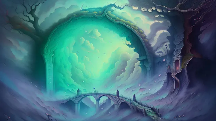 bridge made of clouds,overgrown,dreamlike,absurdes,fantasy <lora:DREAMEE_V0.01:1>,