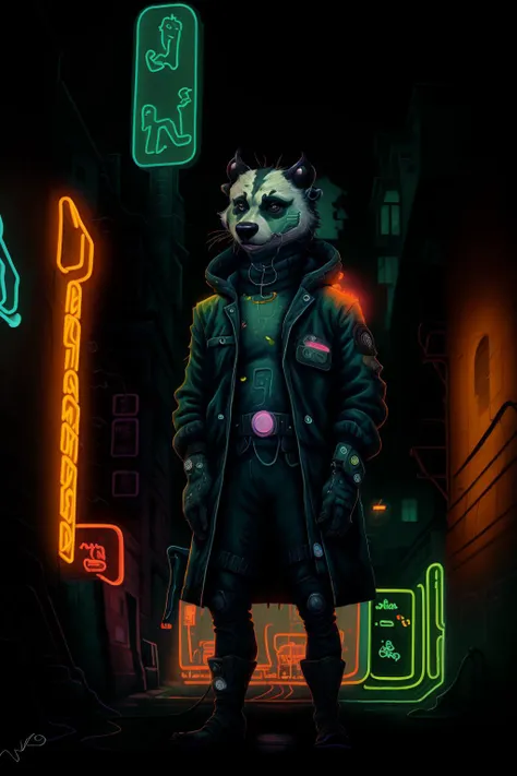 portrait of a cyberpunk badger standing in an alley, neon signs, epic composition, dreamlike, absurdes, fantasy <lora:DREAMEE_V0.01:0.8>