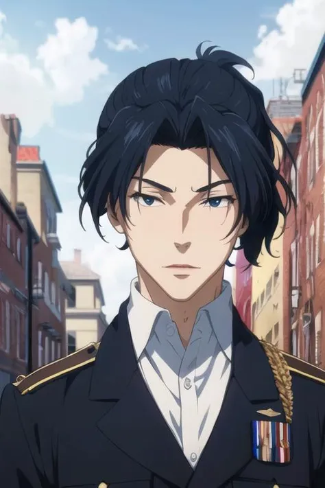 masterpiece, best quality, game cg, 1boy, solo, male focus, looking at viewer, upper body, depth of field, <lora:sherlock_holmes:0.74>, sherlock_holmes, black hair, ponytail, black eyes, , world war 1, HD-DVD