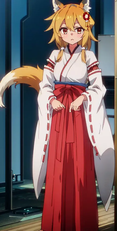 1girl, foxgirl,long hair,realistic, solo, (masterpiece:1.2), best quality, outside, <lora:miko_v10-10:1> , miko,red hakama, miko_clothes, miko_dress,