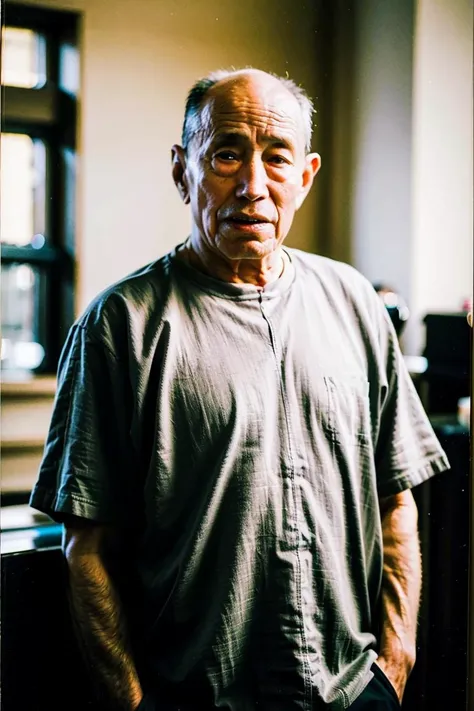 best quality, ultra high res, (photorealistic:1.4), masterpiece, blurry background,indoors,1boy,50 years old,standing ,(looking at viewer), black shirt, <lora:zhuxu_20230701011325:0.8>