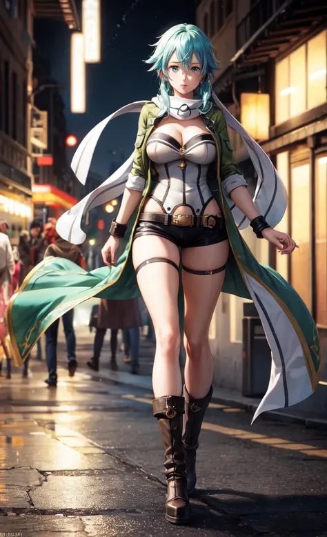 werewolf girl, ((fluffy skin)), paws on foots, fluffy fur on body, ((fangs)), ((claws)), tight crop top, cleavage, decolette, huge metal bracelets, huge metal collar, high over-the-knee boots, light green extremely_detailed_(lacy, fur, silk, satin)_(clothing, skirt), (light green clothing), detailed face, detailed beautiful shiny eyes, slit pupils, metallic reflections, futuristic city square, (tatooed, marked)_fit_muscular_body, (((1girl))), portrait, (full body), natural breasts, medium length hair, masterpiece, best quality, beautiful and aesthetic:1.2, fractal art:1.4, 16K, HDR, RTX, Ray Tracing, Radiosity, Anisotropic Filtering, Subsurface Scattering