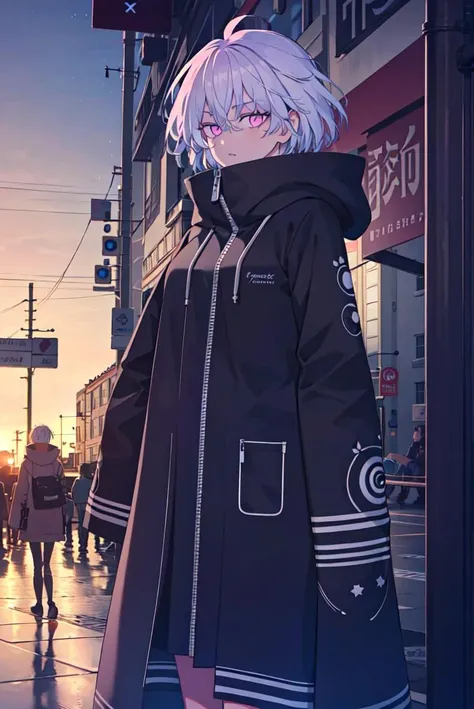 (extremely detailed CG unity 8k wallpaper), (masterpiece), (best quality), (ultra-detailed), (best illustration), (best shadow), (absurdres),  <lora:senju-12:0.7>,senju, 1girl, short hair, hair between eyes, white hair, parted lips, pink eyes, zipper, short hair, sitting, closed mouth, long sleeves, looking at viewer, solo focus, standing, coat,  hood, sleeves past wrists