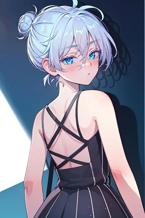 (extremely detailed CG unity 8k wallpaper), (masterpiece), (best quality), (ultra-detailed), (best illustration), (best shadow), (absurdres), <lora:senju-12:0.7>, senju, 1girl, solo, blue eyes, blush, hair bun, single hair bun, black skirt, looking back, white hair, looking at viewer, skirt, from behind, bare shoulders