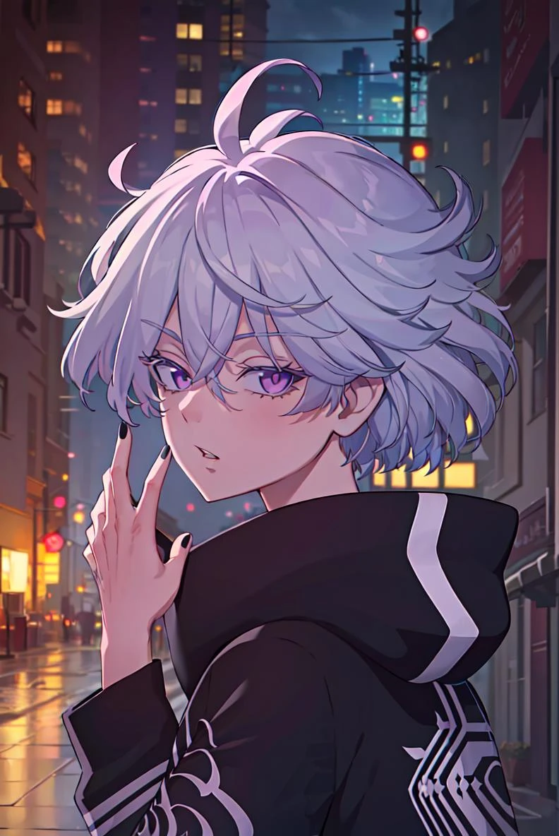 (extremely detailed CG unity 8k wallpaper), (masterpiece), (best quality), (ultra-detailed), (best illustration), (best shadow), (absurdres), <lora:senju-12:0.7>,senju, solo, looking at viewer, black nails, 1girl, hood, short hair, upper body, hair between eyes, white hair, hood down, blurry, parted lips, pink eyes, hand up