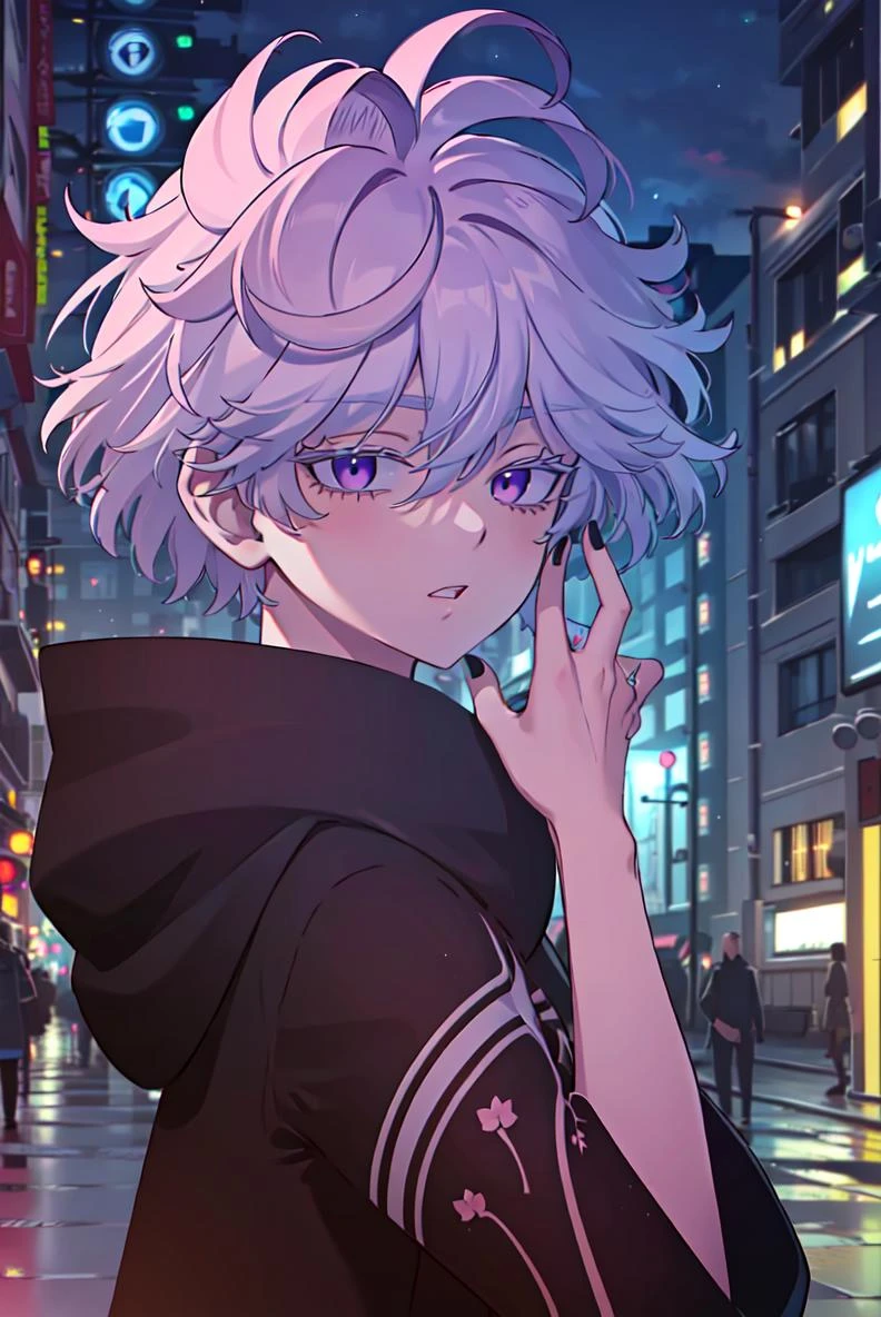 (extremely detailed CG unity 8k wallpaper), (masterpiece), (best quality), (ultra-detailed), (best illustration), (best shadow), (absurdres), <lora:senju-12:0.7>,senju, solo, looking at viewer, black nails, 1girl, hood, short hair, upper body, hair between eyes, white hair, hood down, blurry, parted lips, pink eyes, hand up