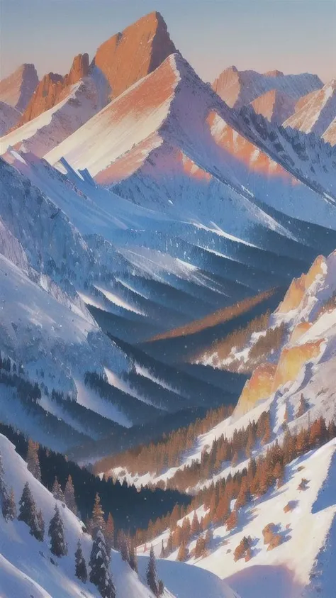 high quality, high resolution, extreme detail, masterpiece,  <lora:Mountains_LoRA:1>, ((mountains)), snow, forests
