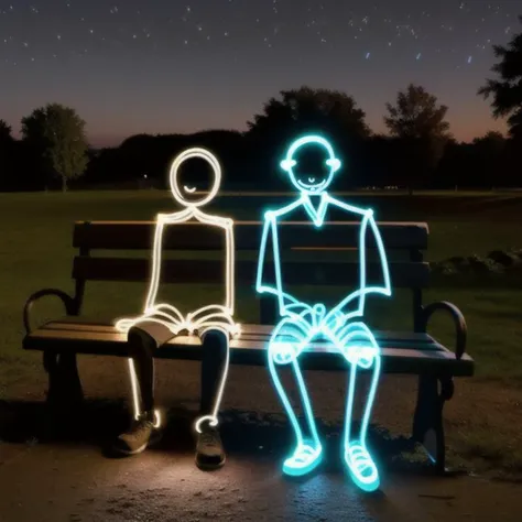 painting with light  at night, stick men  sitting on a bench  <lora:long exposure:1>