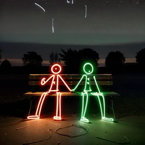 painting with light at night, stick men sitting on a bench <lora:long exposure:1>