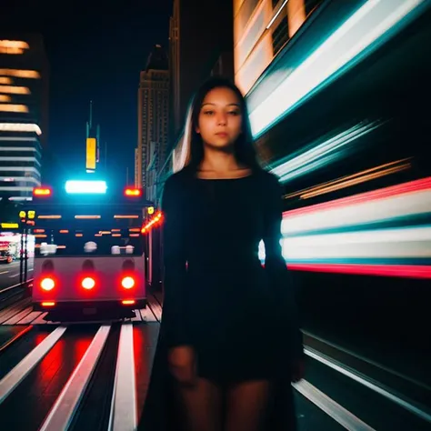 tail lights  streaking  long exposure, night street car, downtown, close up woman stand side of street <lora:long exposure:1>