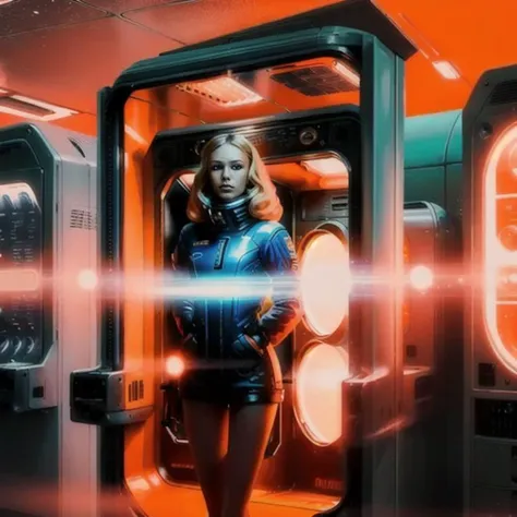 long exposure, a retro art style poster, a beautiful blonde woman standing in front a computer screen, mars, space station, mold on walls, over growth, organic<lora:retro design add retro woman_v2:.8> <lora:long exposure:1>