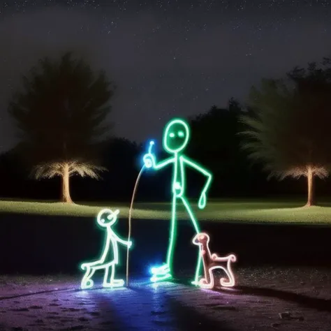 painting with light  at night, stick man with dogs <lora:long exposure:1>