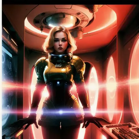 long exposure, a retro art style poster, a beautiful blonde woman standing in front a computer screen, mars, space station, mold on walls, over growth, organic<lora:retro design add retro woman_v2:.8> <lora:long exposure:1>