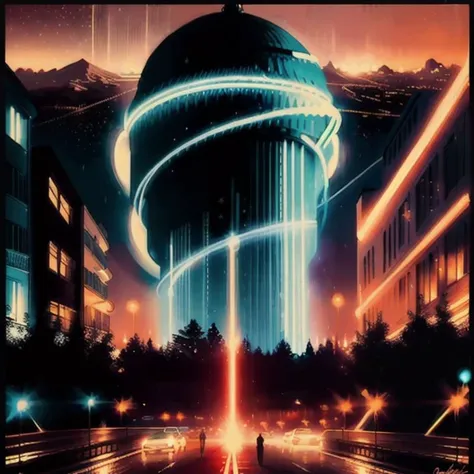 long exposure, a retro art style poster, night, stars, city, light trails<lora:retro design add retro woman_v2:.8> <lora:long exposure:1>