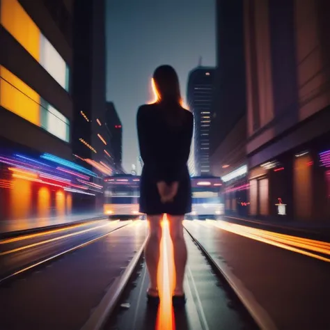 tail lights streaking long exposure, night street car, downtown, close up woman stand side of street <lora:long exposure:1>