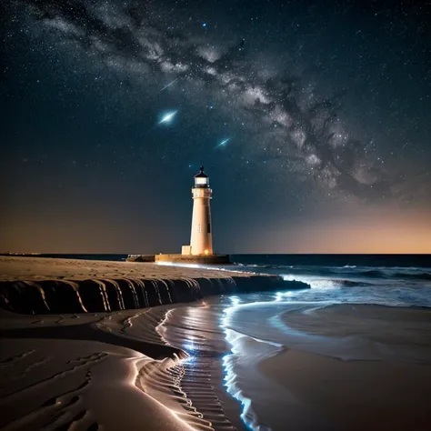 water, sand, ship, light house,  a night sky stars long exposure <lora:long exposure:1.2>