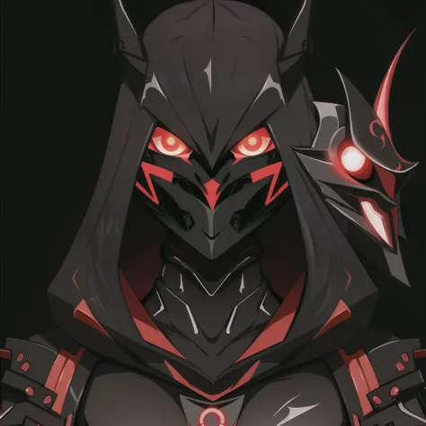 GenshinAvatar, (black hooded assassin, glowing eye under the hood, metal mask), highly_detailed, illustration, portrait, (((masterpiece))),(((bestquality))), (black_background:1.4), simple_background, <lora:GenshinAvatar:1>