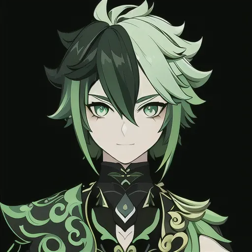 GenshinAvatar, (a boy with dark green hair and dark green eyes:1.4), highly_detailed, illustration, portrait, (((masterpiece))),(((bestquality))), (black_background:1.4), simple_background, <lora:GenshinAvatarV2:1>