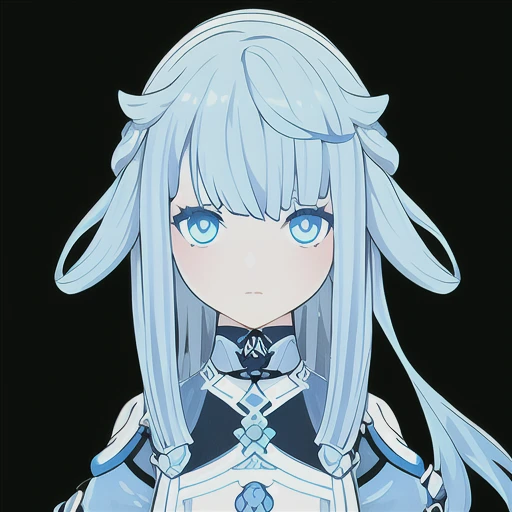 GenshinAvatar, (a girl with light blue hair and light blue eyes:1.4), highly_detailed, illustration, portrait, (((masterpiece))),(((bestquality))), (black_background:1.4), simple_background, <lora:GenshinAvatarV2:1>