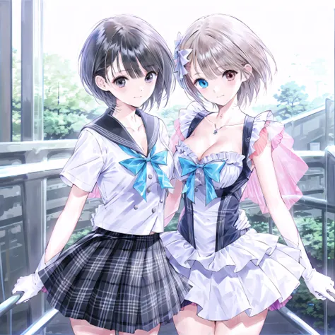 high quality, best quality, masterpiece, absurdres, 2girls, (rooftop), dusk, sky
AND 2girls, shirai hinako, (black_hair), uniform, <lora:hinako2-000004:0.36>, smile, looking_at_another
AND 2girls, shirai hinako, (blond_hair), reflector, <lora:hinako2-000004:0.36>, smile, looking_at_another, (heterochromia)
AND 2girls, [yuri], rooftop, dusk, orange_sky, (sunlight, lens_flare, light_beams)