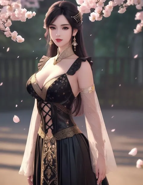 ultra realistic 8k cg, picture-perfect face, flawless, clean, masterpiece, professional artwork, famous artwork, cinematic lighting, cinematic bloom, perfect face, beautiful face, fantasy, dreamlike, unreal, science fiction, beautiful clothes, lace, lace trim, lace-trimmed legwear, (rich:1.4), prestige, luxury, jewelry, diamond, gold, pearl, gem, sapphire, ruby, emerald, intricate detail, delicate pattern, charming, alluring, seductive, erotic, enchanting, hair ornament, necklace, earrings, bracelet, armlet,halo
((,1girl, ,))(((, 1girl, solo, cherry blossoms,sakuramon,looking at viewer, , )))((1girl, solo, black_hair, long_hair, skirt, looking_at_viewer, lips,upper body, large breasts,frilled dress, black skirt,black dress,cleavage, )) <lora:DA_XuLingXi:0.5>