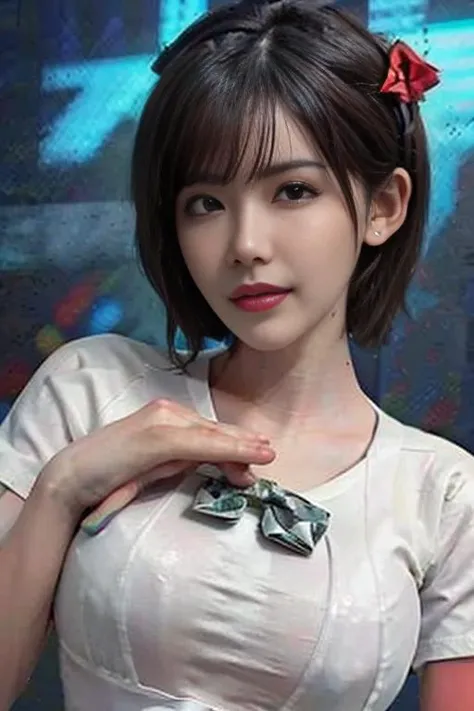 1 girl,(1 18-year-old girl),(upper body),(medium breasts),upper body,(realistic:1.7),((best quality)),absurdres,(ultra high res),(photorealistic:1.6),photorealistic,octane render,(hyperrealistic:1.2),(photorealistic face:1.2),(8k),(4k),(Masterpiece),(realistic skin texture),(illustration, cinematic lighting,wallpaper),( beautiful eyes:1.2),((((perfect face)))),(standing),(looking at viewer:1.2),(smile:0.9),(cute),(long hair),(bow hairband),(printed t-shirt:1.2),dolphin shorts,(red lips:1.1),outdoors,<lora:stym:1>