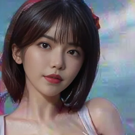 1 girl,(1 18-year-old girl),(upper body),(medium breasts),upper body,(realistic:1.7),((best quality)),absurdres,(ultra high res),(photorealistic:1.6),photorealistic,octane render,(hyperrealistic:1.2),(photorealistic face:1.2),(8k),(4k),(Masterpiece),(realistic skin texture),(illustration, cinematic lighting,wallpaper),( beautiful eyes:1.2),((((perfect face)))),(standing),(looking at viewer:1.2),(smile:0.9),(cute),(long hair),(bow hairband),(printed t-shirt:1.2),dolphin shorts,(red lips:1.1),outdoors,<lora:stym:1>