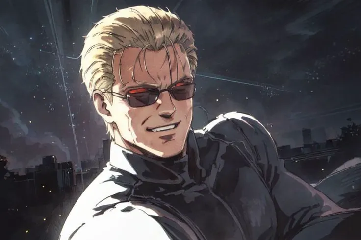 ((Albert Wesker)), high quality, upper body, detailed face, zoom out, anime, best quality, highres, masterpiece, perfect eyes, perfect face, whole body, 4k, 8k, absurd resolution, cinematic lights, intricate detail, detailed hands, detailed eyes, animation, illustration, back combed hair, ((blonde hair)), combed back, hair back, short hair, comb back hair, (man), back comb haircut, mature male, looking at viewer, shades, sunglasses, 1boy, high definition, sharp focus, OverallDetail, deep shadow, dimly lit, shade, semirealistic, scenery, light rays, depth of field, edgQuality, Illust-InstaFilter, <lora:beard_slider_v10:-3>, <lora:gender_slider_v1:-4>, Best_QualityPos, Earth-QualityPos, BodyPositive, prettify hotify, slick back hair, <lora:AlbertWeskerRE:0.7> AlbertWeskerRE, male focus, leather, glowing eyes, red eyes, male focus, evil grin, <lora:Hiroyuki Kitazume:0.5>, <lora:IncomingPunch2:0.7> IncomingPunch, clenched hand, shirt, long sleeves, gloves, fist, clenched fist, punch, punching, incoming punch,