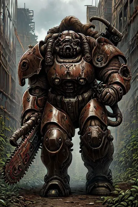 analog style, hdr, chaos space marine power armor, battle damage, chipped, rust stains. holding chainsaw, looking at viewer, walking, outside, city ruins, overgrown, plants overtake ruins, sunny, smoky, dull colors, sci-fi, bloody, gore caked,
<lora:t60:.8> extremely detailed, wonderous ambiance, absurdres, elden ring style,