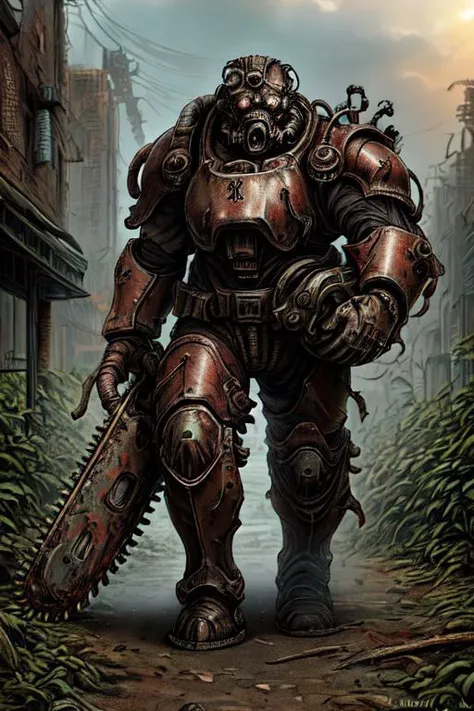 analog style, hdr, chaos space marine power armor, battle damage, chipped, rust stains. holding chainsaw, looking at viewer, walking, outside, city ruins, overgrown, plants overtake ruins, sunny, smoky, dull colors, sci-fi, bloody, gore caked,
<lora:t60:.8> extremely detailed, wonderous ambiance, absurdres, elden ring style,