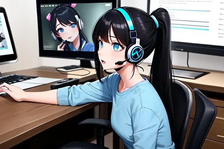 masterpiece, 1girl, solo, black hair, ponytail, hime cut, blue eyes, blue shirt, dark pants, headset, video conference