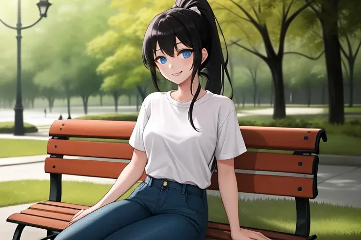 masterpiece, 1girl, solo, black hair, ponytail, hime cut, light blue eyes, light shirt, dark pants, smile, sitting on a bench in the park