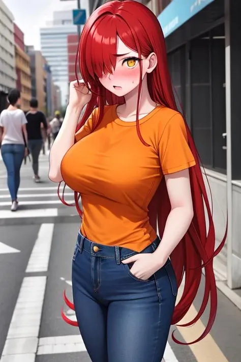 masterpiece, 1girl, solo, red hair, hair over one eye, very long hair, yellow eye, pale skin, orange t-shirt, dark blue jeans, large breasts, blush, embarrassed, standing on the sidewalk in the city