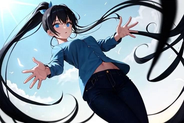 masterpiece, 1girl, solo, black hair, ponytail, hime cut, blue eyes, blue shirt, dark pants, in the sky, floating hair, wide angle lens, distance shot, blue magic, magic hands, glowing hands