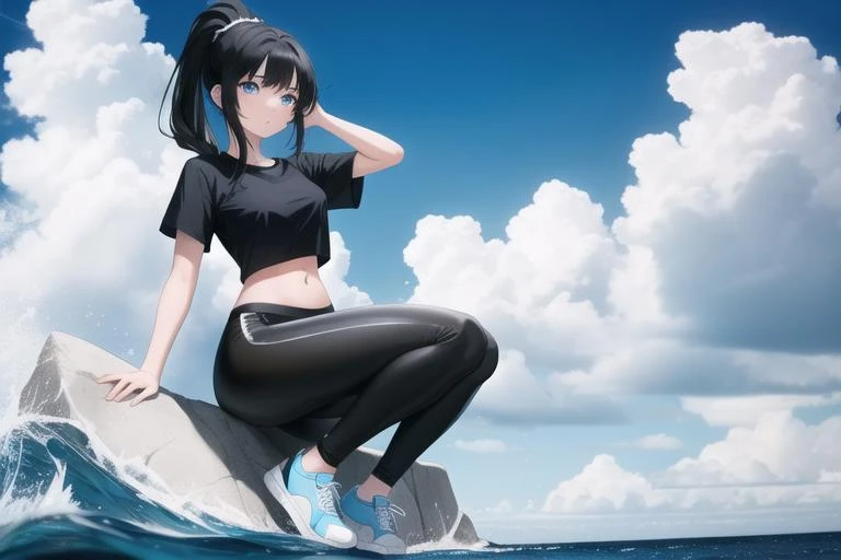 masterpiece, 1girl, solo, black hair, ponytail, hime cut, flowing hair, blue eyes, blue shirt, black leggings, white sneakers, wide hips, clouds, clear blue sky, ocean, wide angle lens