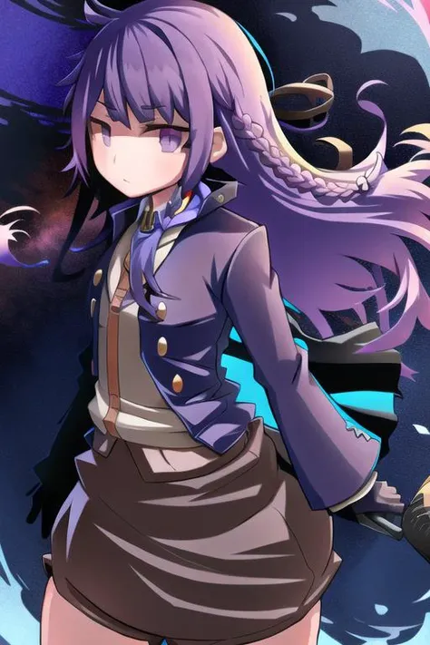 <lora:KyokoDG:0.7>, KyokoDG, 1girl, floating hair, solo, jacket, night, skirt, star (sky), blue jacket, starry sky, night sky, open jacket, wind, pleated skirt, open clothes, long sleeves, school uniform, <lora:HakikaStyle:1>, HakikaStyle, purple hair, side braid