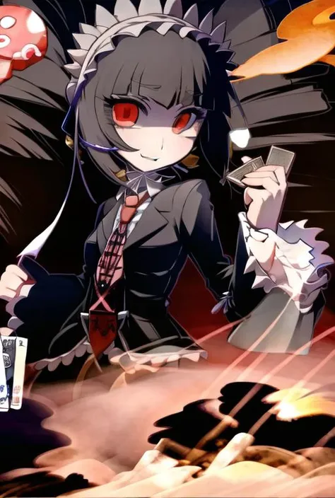 <lora:CelestiaDG:1>, CelestiaDG, 1girl, solo, jewelry, frills, upper body, necktie, long sleeves, looking at viewer, shirt, black jacket, jacket, closed mouth,  <lora:HakikaStyle:1>, HakikaStyle, smile, casino, cards,
