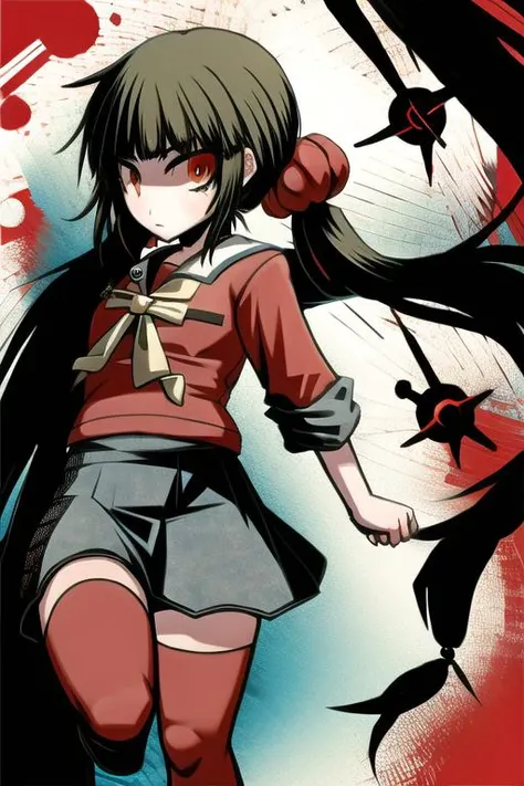 <lora:HakikaStyle:1>, 1girl, <lora:MakiDG:1>, schoolgirl uniform, red eyes, twintails, red scrunchie, 1girl, red legwear, fist up,