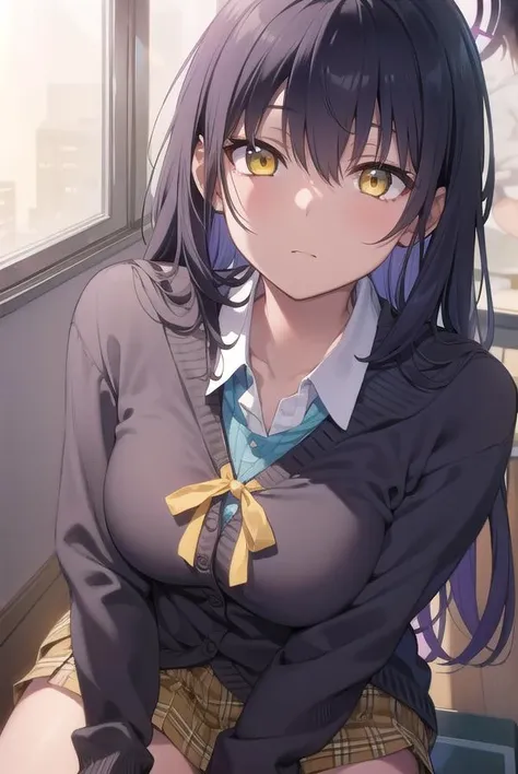 bluearchivekarin, <lyco:karin-lyco-nochekaiser:1>,
karin, ahoge, black hair, dark skin, dark-skinned female, halo, long hair, (yellow eyes:1.5),
BREAK cardigan, neck ribbon, pleated skirt, ribbon, school uniform, skirt, blue cardigan,
BREAK looking at viewer,
BREAK indoors, classroom,
BREAK <lyco:GoodHands-beta2:1>, (masterpiece:1.2), best quality, high resolution, unity 8k wallpaper, (illustration:0.8), (beautiful detailed eyes:1.6), extremely detailed face, perfect lighting, extremely detailed CG, (perfect hands, perfect anatomy),
