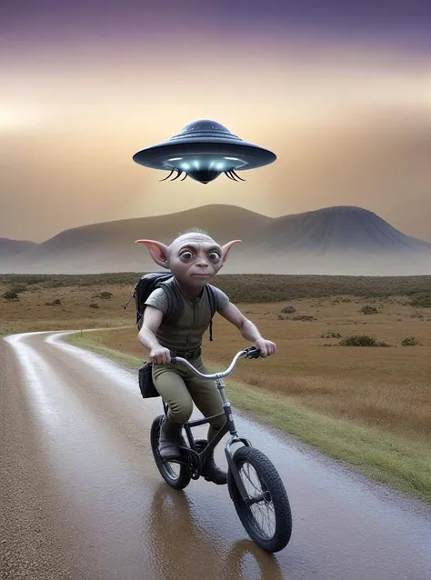 <lora:FooFighters:1> <lora:magiclandscape:1> 3 different elfin creatures, weird looking, with big eyes, pointy ears, small nose, pony tail, riding a bike through a magical landscape, from a far, magiclandscape, far away in the background bokeh UFO's are hovering in the sky behind him, FooFighters ,Flying saucer , UAP, Nikon 85mm/F4 lens, tack sharp, professionally color graded DSLR shot masterpiece