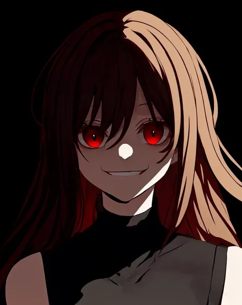 masterpiece, best quality, <lora:yameroyandere-v2-000013:0.75>, (crazy eyes:1.2), (crazy smile:1.15), (shaded face:1.15), mature female, dark, dark background, <lora:add_detail:0.8>, yandere, yandere trance, empty eyes, red eyes, half-closed eyes, wide-eyed, film grain, brown hair, long hair