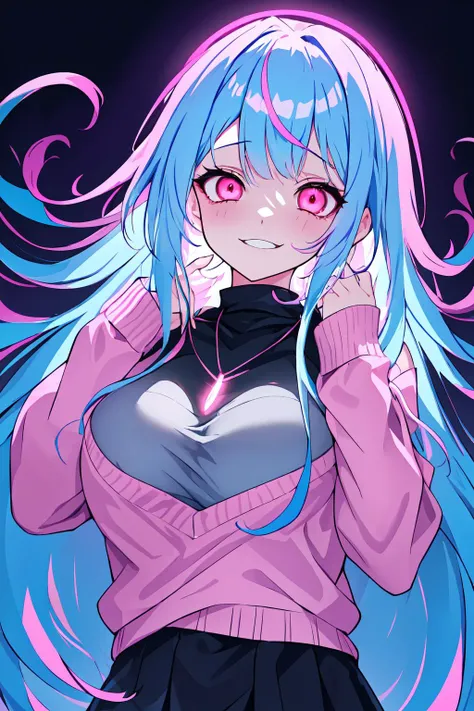 1girl, Light Blue Hair, Long Hair, Pink Eyes, Necklace, Pink Sweater, Black Miniskirt, Big Boobs, <lora:yameroyandere-v2:0.8>, YameroYandere, Constricted Pupils, Yandere, Shaded Face, Crazy Eyes, Glowing Eyes, Crazy Smile, Dark, Empty Eyes, Masterpiece, Best Quality, 4K