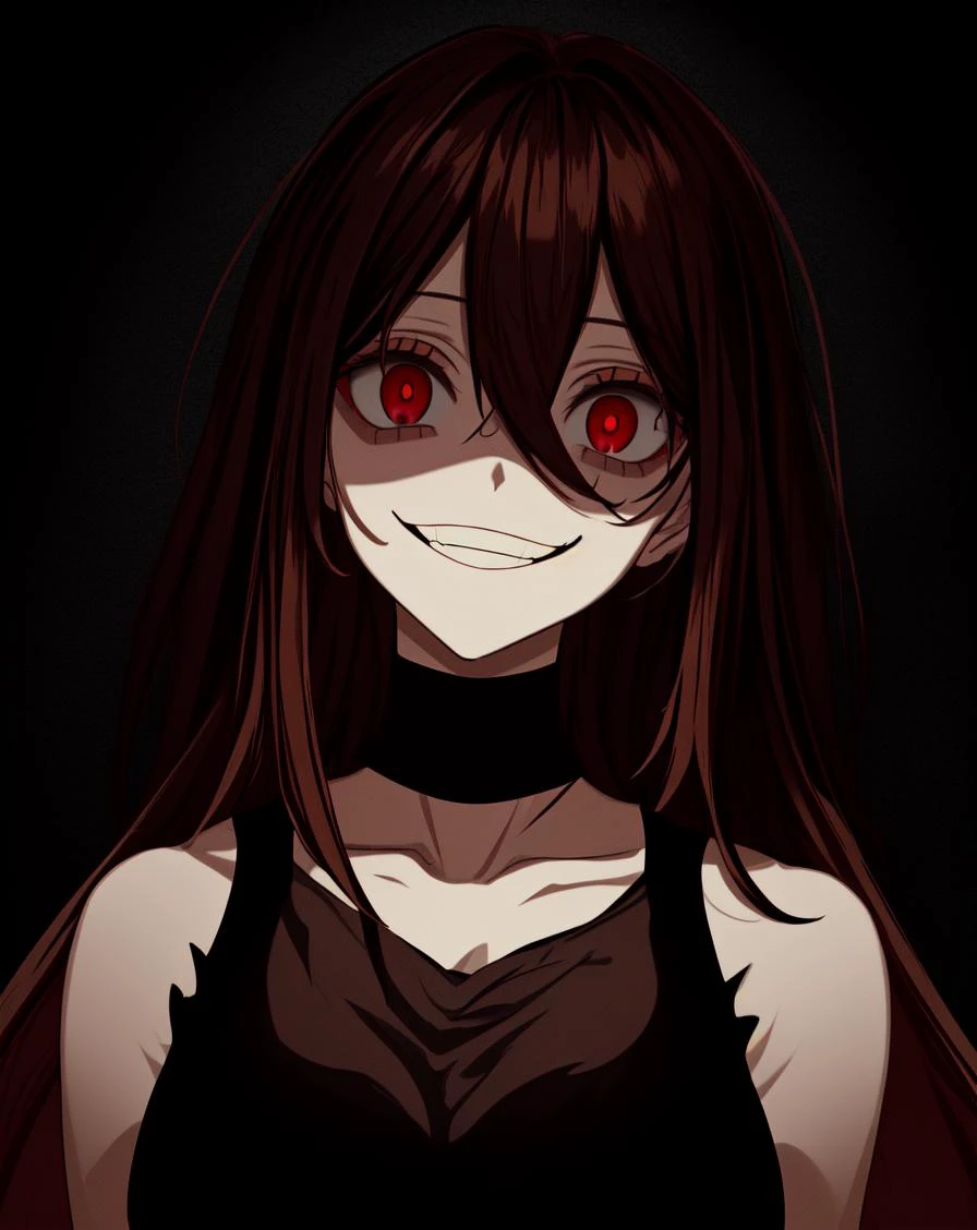 masterpiece, best quality, <lora:yameroyandere:0.75>, (crazy eyes:1.2), (crazy smile:1.15), (shaded face:1.15), mature female, dark, dark background, <lora:add_detail:0.8>, yandere, yandere trance, empty eyes, red eyes, half-closed eyes, wide-eyed, film grain, brown hair, long hair
