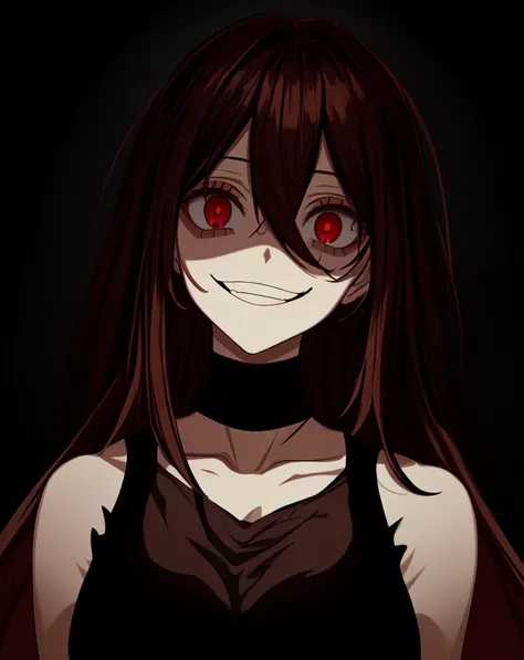 masterpiece, best quality, <lora:yameroyandere:0.75>, (crazy eyes:1.2), (crazy smile:1.15), (shaded face:1.15), mature female, dark, dark background, <lora:add_detail:0.8>, yandere, yandere trance, empty eyes, red eyes, half-closed eyes, wide-eyed, film grain, brown hair, long hair