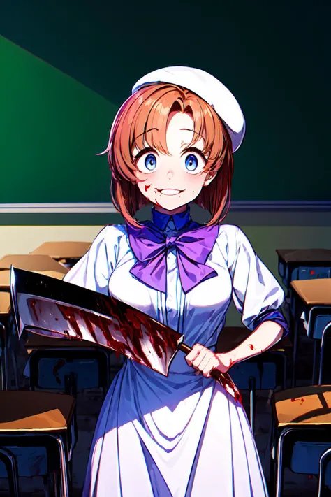 (masterpiece), best quality, high resolution, 1girl, ryuuguu_rena, orange hair, blue eyes, white dress, beret, purple bow tie, long dress, black thighhighs, high black boots, weapon, holding weapon, nata (tool), blood, blood splatter, , crazy eyes, (classroom:1.3),crazy smile , constricted pupils, yameroyandere, shaded face, dark<lora:RyuuguuRena:1> <lora:yameroyandere-v2:0.9>