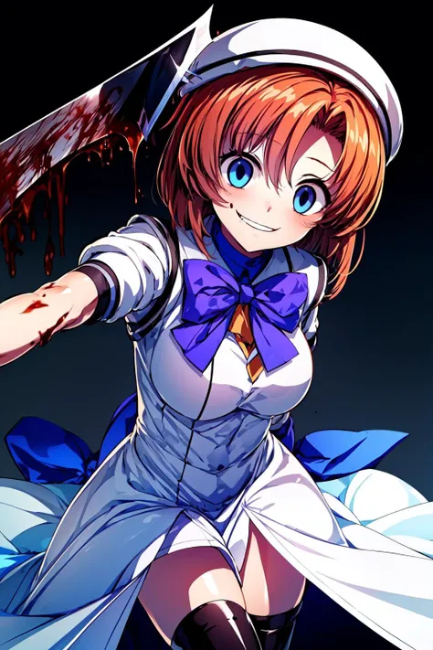 (masterpiece), best quality, high resolution, 1girl, ryuuguu_rena, orange hair, blue eyes, white dress, beret, purple bow tie, long dress, black thighhighs, high black boots, weapon, holding weapon, nata (tool), blood, blood splatter:1.5, , crazy eyes, (school:1.3),crazy smile , constricted pupils, yameroyandere, shaded face, dark<lora:RyuuguuRena:1> <lora:yameroyandere-v2:0.9>