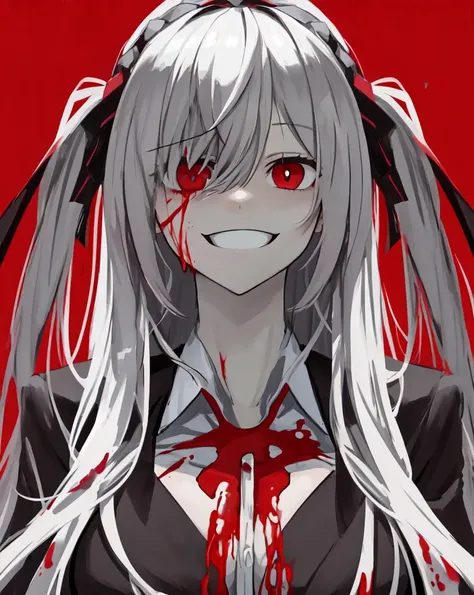 masterpiece, best quality, <lora:last-000005:0.6>, yameroyandere, (crazy smile:1.2), crazy eyes, yandere, red background, constricted pupils, red eyes, blood on face, empty eyes,